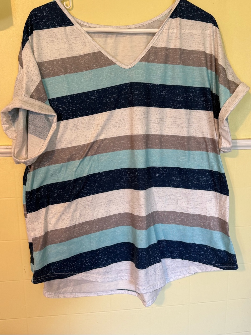 SHEIN Striped V-Neck Short Sleeve Top in Navy, Aqua & Gray
